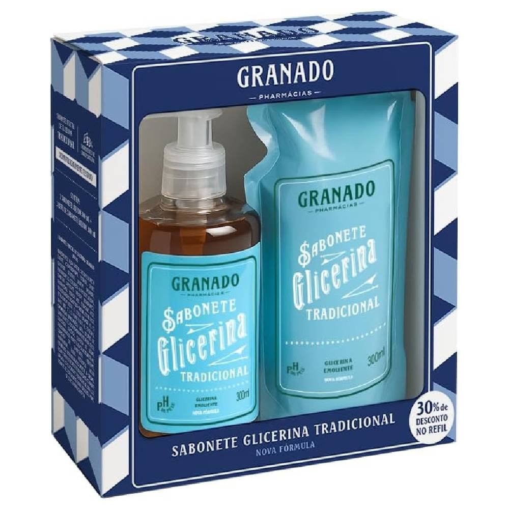 Kit Sabonete Líquido Granado Glicerina Tradicional 300ml + Refil 300ml