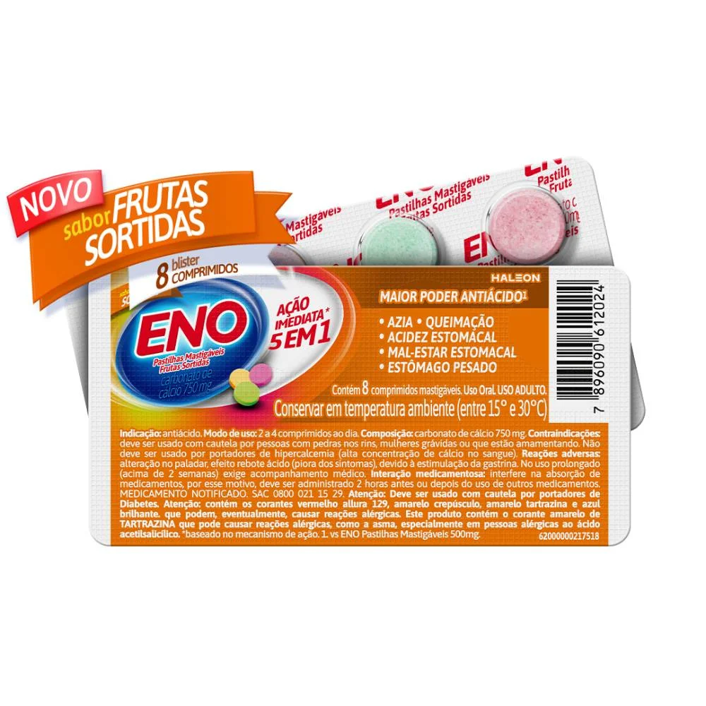Pastilhas Mastigáveis Eno Sortidas 750mg Com 8 Comprimidos Mastigáveis