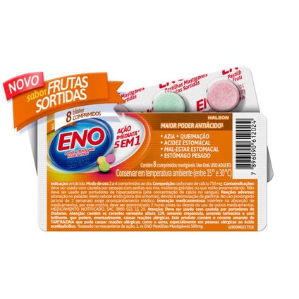 Antiácido Eno Mastigável Carbonato de Cálcio 750mg Sabor Frutas Sortidas 8 Pastilhas Mastigáveis