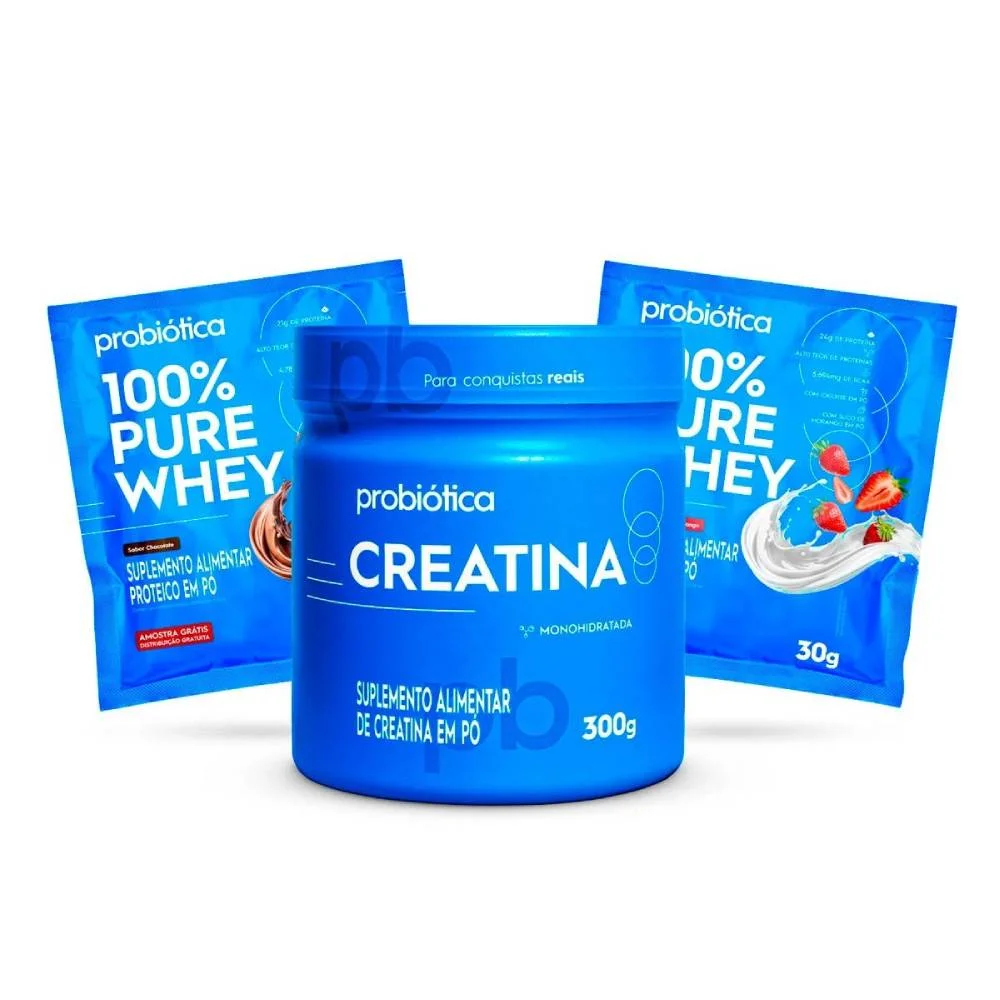 Creatina Probiótica 300g + 2 Amostras De 100% Pure Whey Sabores Chocolate E Iogurte Morango