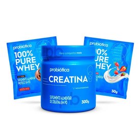 CREATINA PROBIÓTICA 300G + 2 AMOSTRAS DE 100% PURE WHEY SABORES CHOCOLATE E IOGURTE MORANGO