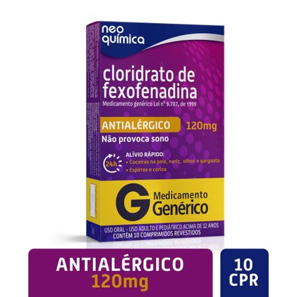 ANTIALÉRGICO CLORIDRATO FEXOFENADINA 120MG NEO QUÍMICA 10 COMPRIMIDOS REVESTIDOS