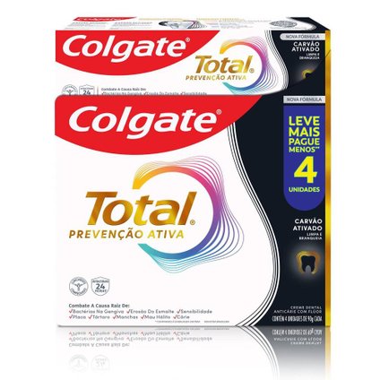 KIT CREME DENTAL COLGATE TOTAL 12 CARVÃO ATIVADO 4 UNIDADES 90G CADA