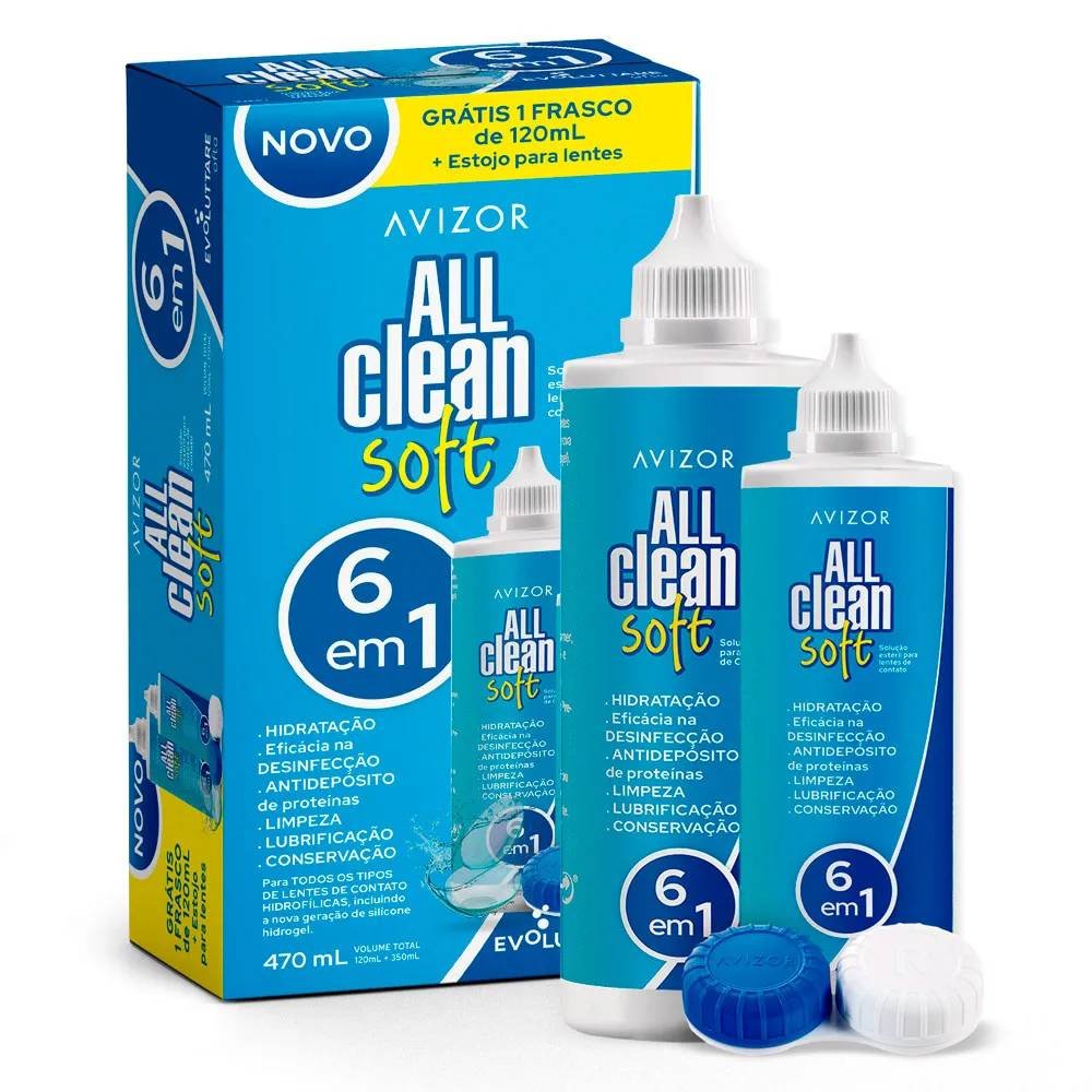Kit Solução Para Lentes De Contato All Clean Soft Avizor 350ml + 120ml + Estojo Para Lentes