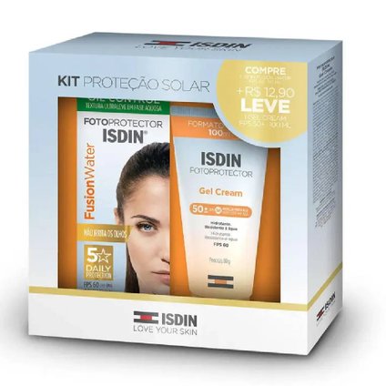 KIT ISDIN PROTETOR SOLAR FACIAL FUSION WATER FPS60 50ML + GEL CREAM FPS60 99G