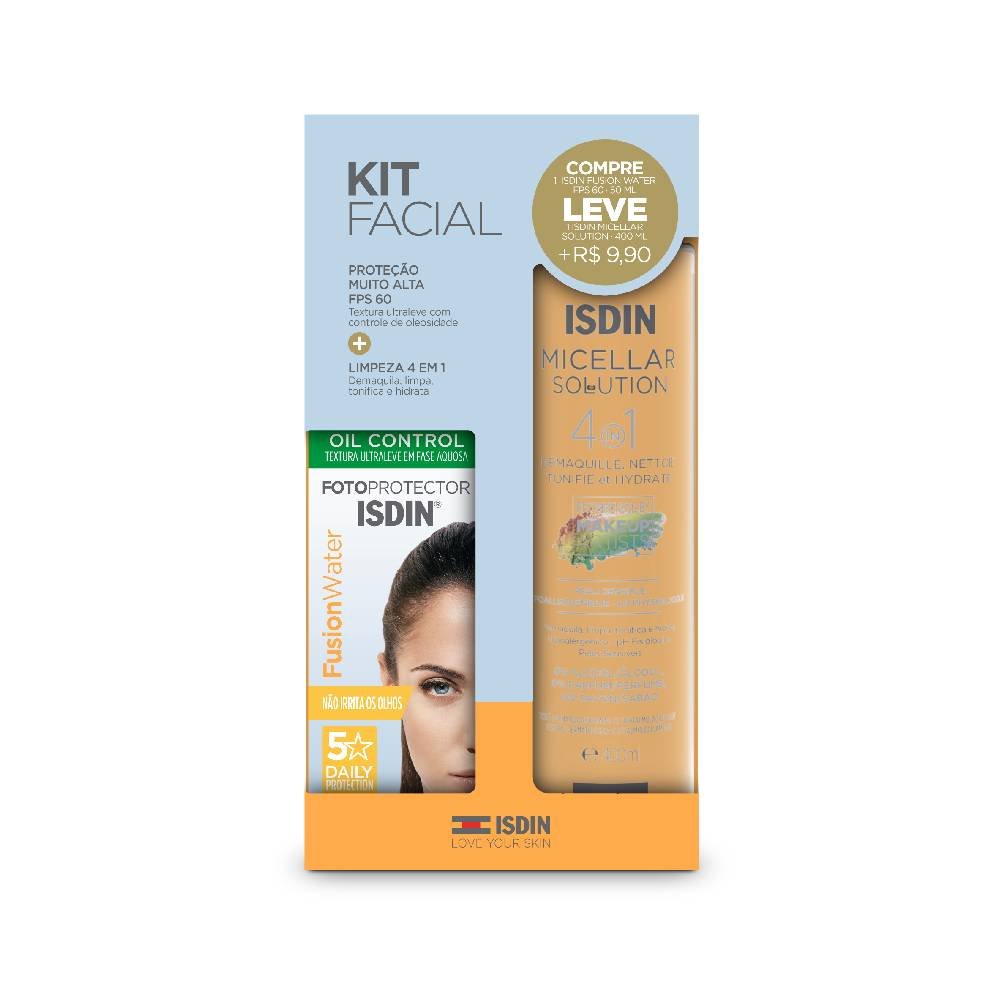 Kit Isdin Protetor Solar Facial Fusion Water Média Fps60 50ml + Água Micelar 400ml