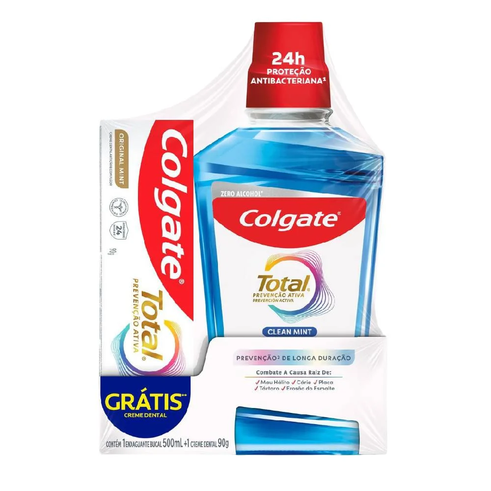 Kit Colgate Total Enxaguatório Bucal Clean Mint 500ml + Creme Dental Original Mint 90g