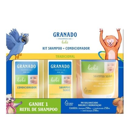 KIT GRANADO BEBÊ TRADICIONAL SHAMPOO INFANTIL 250ML + CONDICIONADOR 250ML + REFIL SHAMPOO 250ML