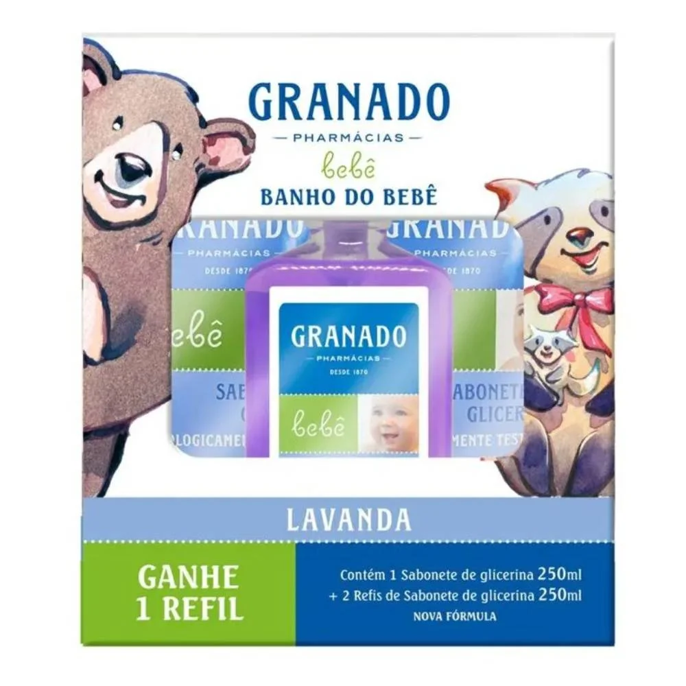 Kit Granado Bebê Lavanda Glicerina Sabonete Infantil 250ml + 2 Refis 250ml