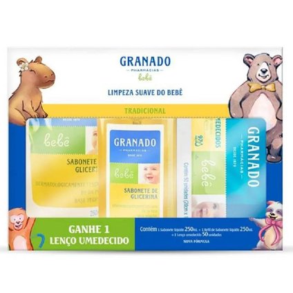 KIT GRANADO BEBÊ TRADICIONAL SABONETE LÍQUIDO INFANTIL 250ML + REFIL + LENÇO UMEDECIDO 50 UNIDADES