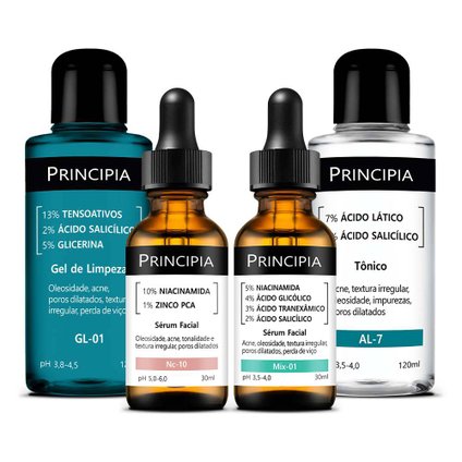 KIT PRINCIPIA ANTI-ACNE GEL LIMPEZA GL01 120ML+ SÉRUM FACIAL NC10+ SÉRUM MIX1 30ML+ TÔNICO AL7 120ML