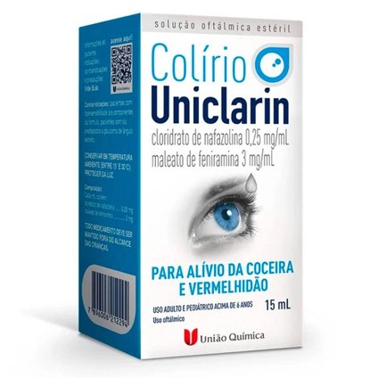 COLÍRIO UNICLARIN CLORIDATO DE NAFAZOLINA 0,25MG/ML MALEATO DE FENIRAMIN 3MG/ML 15ML