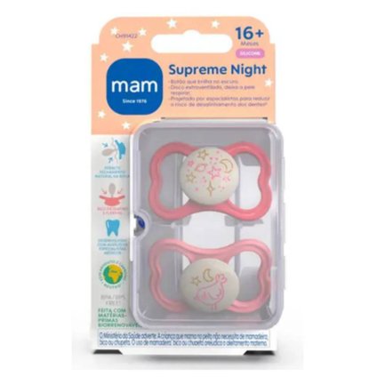 CHUPETA MAM SUPREME NIGHT ROSA 16 MESES + COM 2 UNIDADES