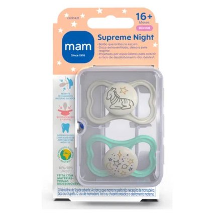 CHUPETA MAM SUPREME NIGHT AZUL 16 MESES + COM 2 UNIDADES
