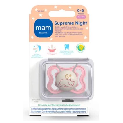 CHUPETA MAM SUPREME NIGHT ROSA 0-6 MESES COM 1 UNIDADE