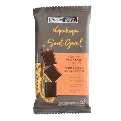 CHOCOLATE 70% CACAU COM NIBS KOPENHAGEN SOUL GOOD TABLETE 30G