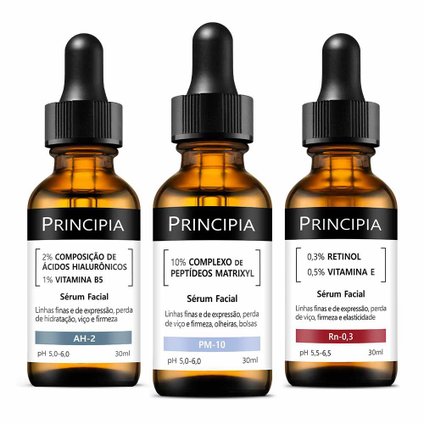 KIT TRIO ANTISSINAIS PRINCIPIA ÁCIDO HIALURÔNICO + PEPTÍDEOS MATRIXYL + VITAMINA E 30ML CADA
