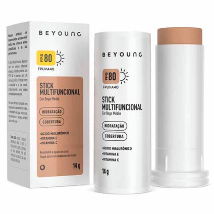 PROTETOR SOLAR FACIAL STICK MULTIFUNCIONAL BEYOUNG BEGE MÉDIO FPS80 14G