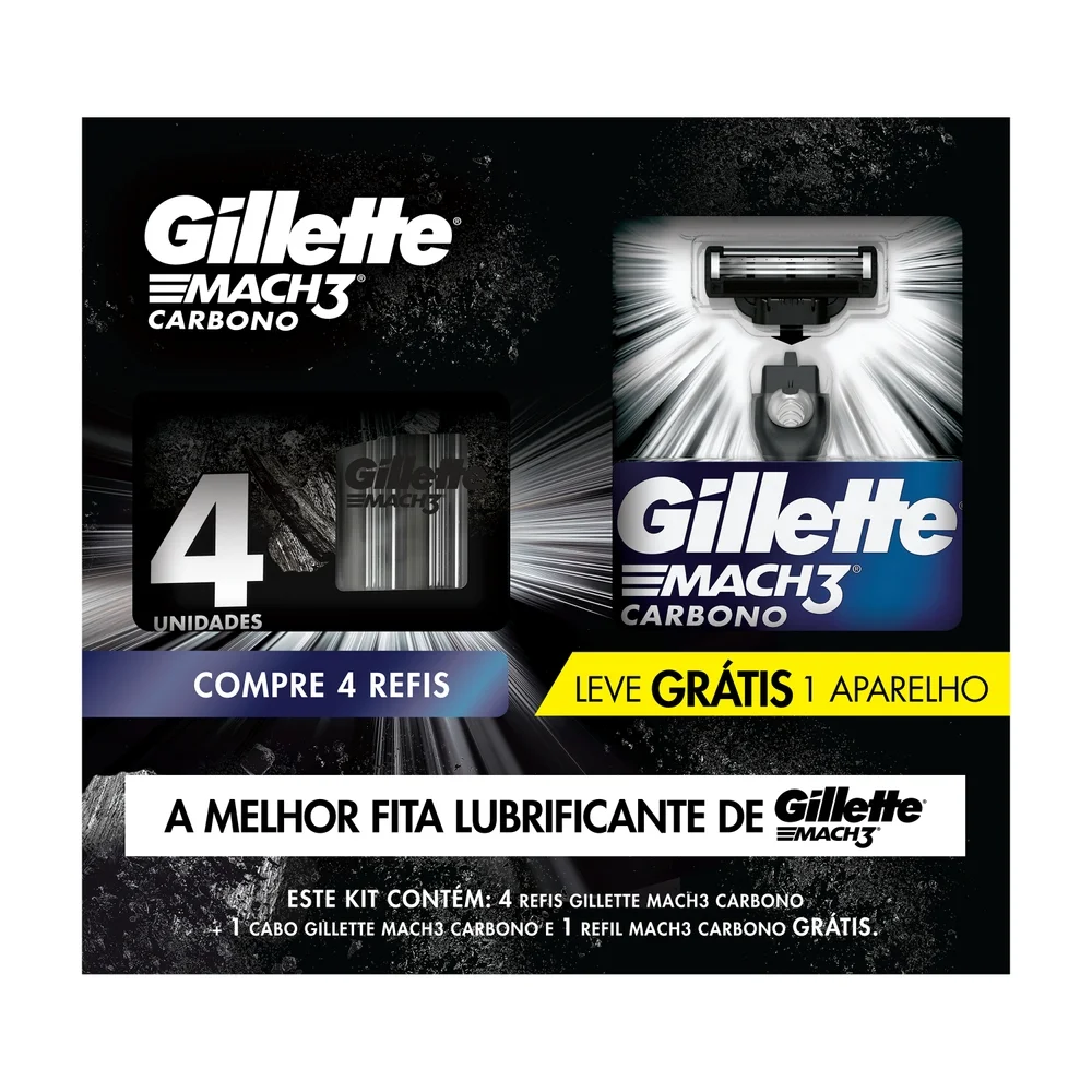 Kit Carga Para Aparelho De Barbear Gillette Mach3 Carbono 4 Unidades + Aparelho Grátis