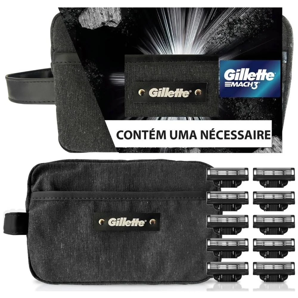 Kit Carga Para Aparelho De Barbear Gillette Mach3 Carbono 10 Unidades + Necessaire