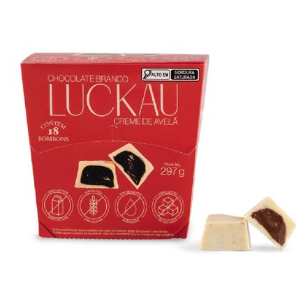 BOMBOM LUCKAU CHOCOLATE BRANCO COM CREME DE AVELÃ 16,5G