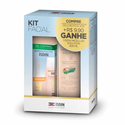 KIT ISDIN PROTETOR SOLAR FACIAL FUSION WATER CLARA FPS60 50ML + ÁGUA MICELAR 400ML