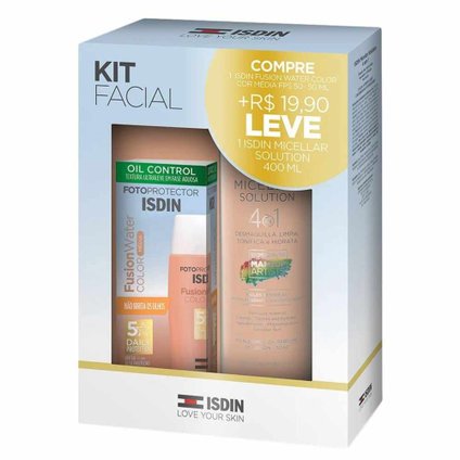 KIT ISDIN PROTETOR SOLAR FACIAL FUSION WATER MÉDIA FPS60 50ML + ÁGUA MICELAR 400ML