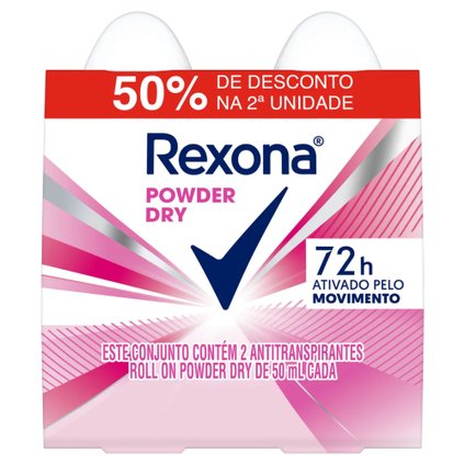 KIT DESODORANTE ROLL-ON REXONA POWDER DRY 2 UNIDADES 50ML CADA