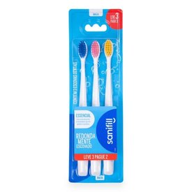 KIT ESCOVA DENTAL SANIFILL ESSENCIAL LEVE 3 PAGUE 2 CERDAS MACIAS CORES SORTIDAS