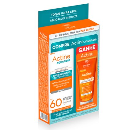 KIT ACTINE PROTETOR SOLAR FACIAL AQUAFLUID FPS60 40G + GEL DE LIMPEZA 40G