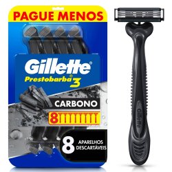 Aparelho De Barbear Gillette Prestobarba3 Carbono Com Carvão, 8 Unidades