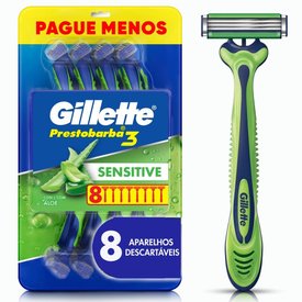 APARELHO DE BARBEAR GILLETTE PRESTOBARBA3 SENSITIVE COM ALOE, 8 UNIDADES