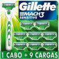 KIT APARELHO DE BARBEAR GILLETTE MACH3 SENSITIVE + 9 CARGAS