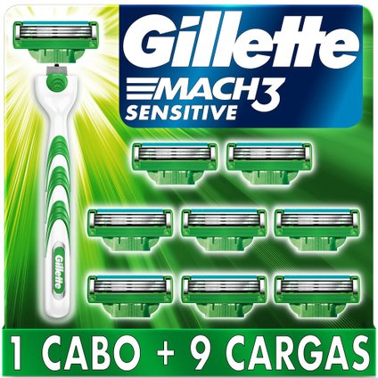 KIT APARELHO DE BARBEAR GILLETTE MACH3 SENSITIVE + 9 CARGAS