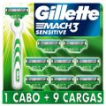 KIT APARELHO DE BARBEAR GILLETTE MACH3 SENSITIVE + 9 CARGAS