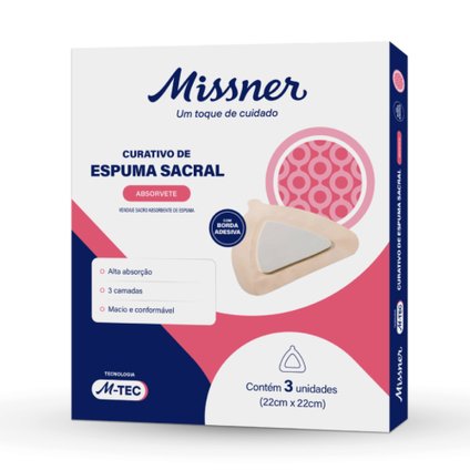 CURATIVO DE ESPUMA SACRAL ABSORVENTE COM BORDA ADESIVA MISSNER 22X22CM - 3 UNIDADES