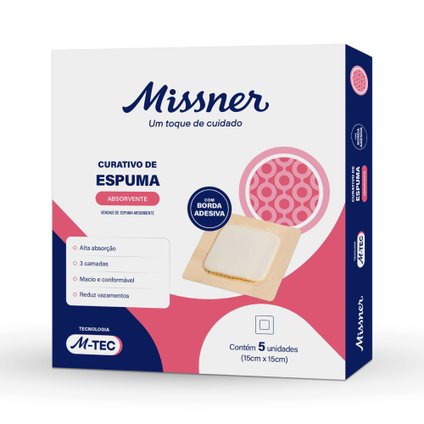 CURATIVO DE ESPUMA ABSORVENTE COM BORDA ADESIVA MISSNER 15X15CM - 5 UNIDADES