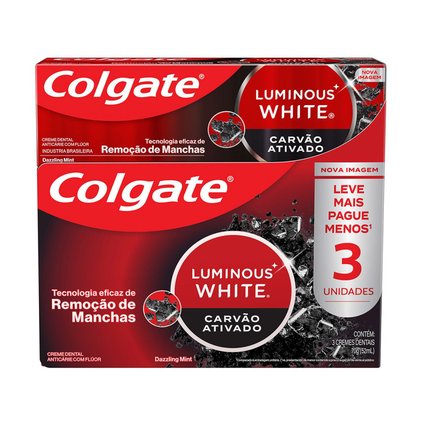 KIT CREME DENTAL COLGATE LUMINOUS WHITE CARVÃO ATIVADO 70G COM 3 UNIDADES