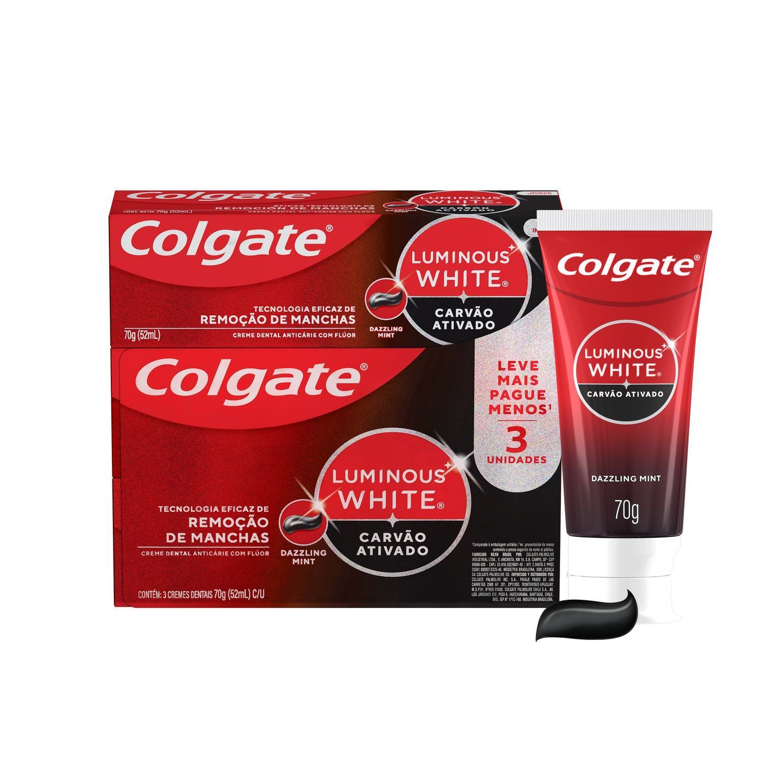 Kit Creme Dental Colgate Luminous White Carvão Ativado 70g Com 3 Unidades