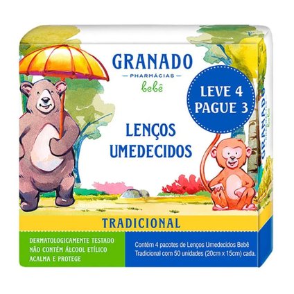 LENÇOS UMEDECIDOS GRANADO BEBÊ TRADICIONAL LEVE 4 PAGUE 3 COM 50 UNIDADES CADA