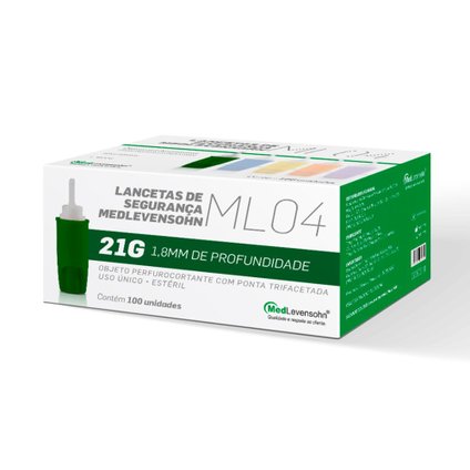 LANCETA SEGURANÇA MEDLEVENSOHN ML04 21G 0,82X1,8MM COM 100 UNIDADES