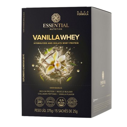 VANILLA WHEY ESSENTIAL NUTRITION CAIXA 375G COM 15 SACHÊS DE 25G