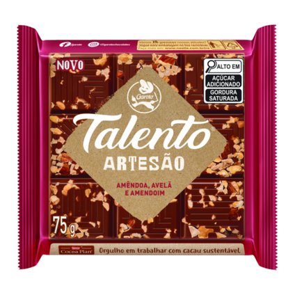 CHOCOLATE GAROTO TALENTO ARTESÃO AO LEITE COM AMÊNDOA, AVELÃ E AMENDOIM 75G