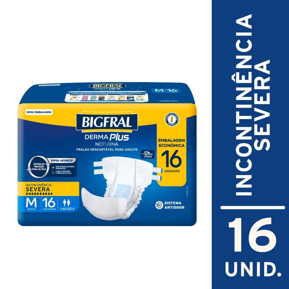 Fralda Adulto Bigfral Derma Plus Noturna Economica Média Com 16 Unidades