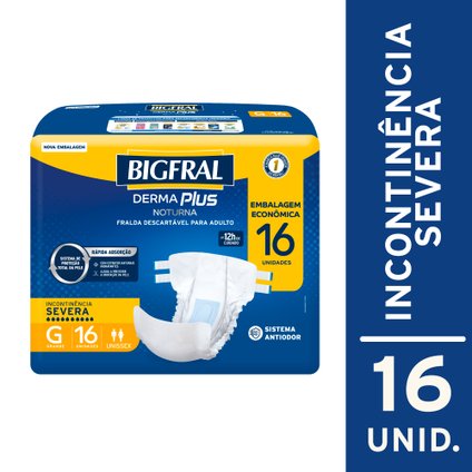 FRALDA ADULTO BIGFRAL DERMA PLUS NOTURNA ECONOMICA GRANDE COM 16 UNIDADES
