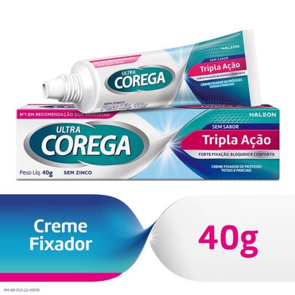 FIXADOR DE PRÓTESE ULTRA COREGA CREME TRIPLA AÇÃO LIVRE DE ZINCO SEM SABOR 40G
