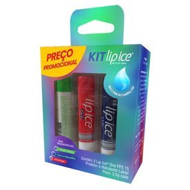 KIT LIP ICE ONE HIDRATANTE LABIAL FPS15 MAÇÃ VERDE + MORANGO + COCO E BAUNILHA 3,5G CADA