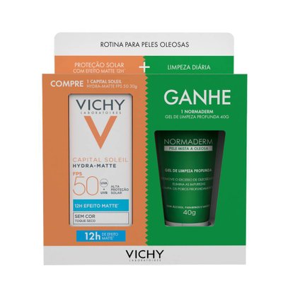 KIT VICHY PROTETOR SOLAR CAPITAL SOLEIL HYDRA-MATTE FPS50 30G GANHE GEL DE LIMPEZA NORMADERM 50G
