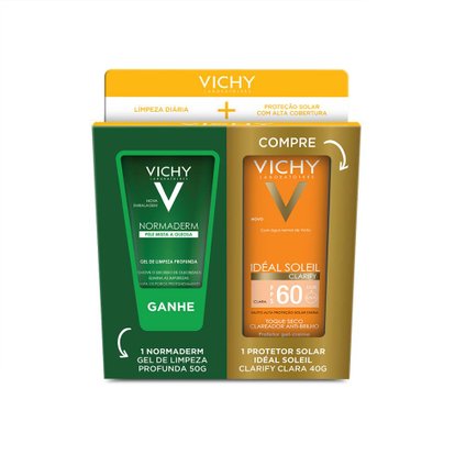 KIT VICHY PROTETOR SOLAR IDEAL SOLEIL CLARIFY COR CLARA FPS60 + GEL DE LIMPEZA NORMADERM 50G
