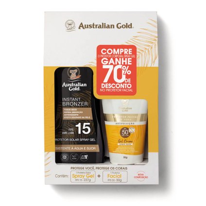 KIT AUSTRALIAN GOLD PROTETOR SOLAR CORPORAL SPRAY GEL FPS15 237G + PROTETOR FACIAL CREME FPS50 50G